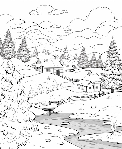czarno-biały rysunek sceny zimowej z generatywną sztuczną inteligencją rzeki
