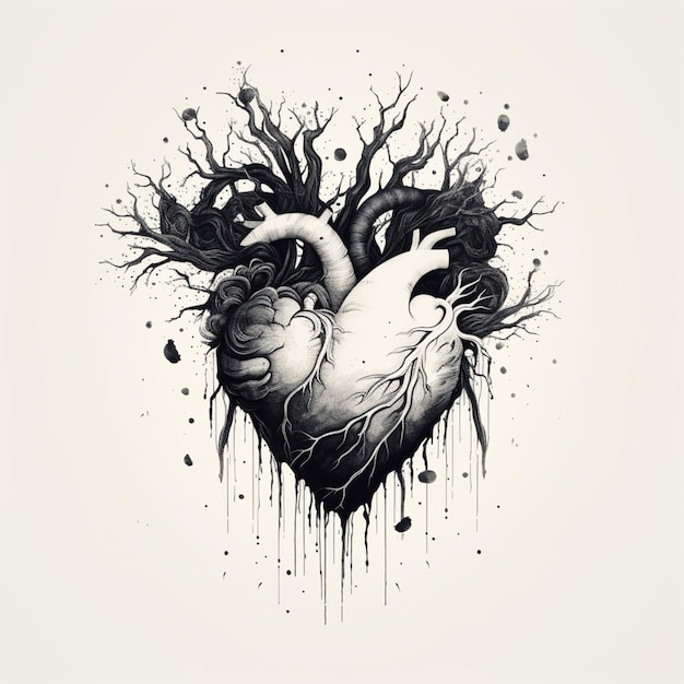 Zdjęcie czarno-biały rysunek serca z drzewem rosnącym z niego