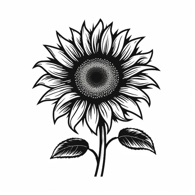czarno-biały rysunek słonecznika z liśćmi generatywnymi ai