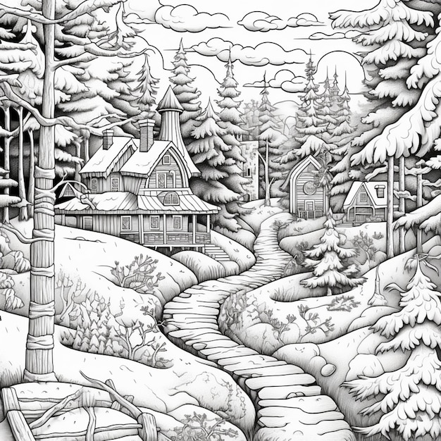 Czarno-biały rysunek śnieżnego krajobrazu z domem generatywnym ai