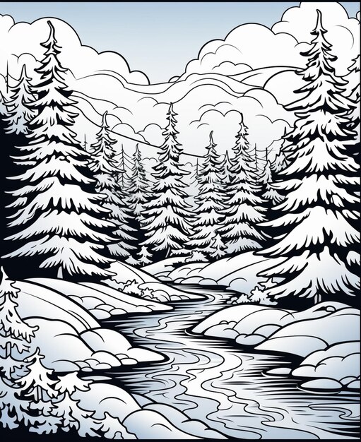 Czarno-biały rysunek śnieżnego lasu z strumieniem generatywnym ai