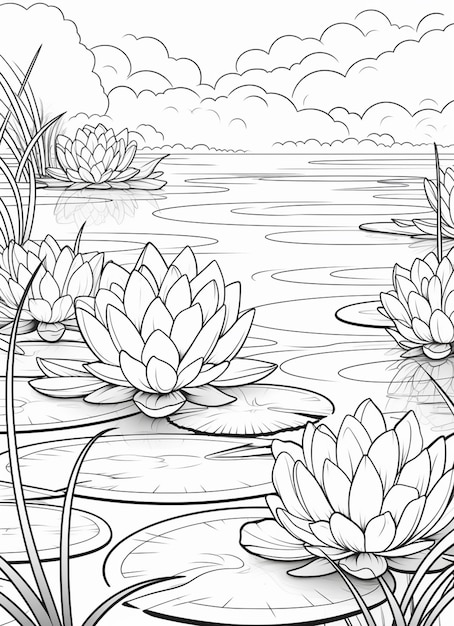 Zdjęcie czarno-biały rysunek stawu z liliami wodnymi generatywnymi ai