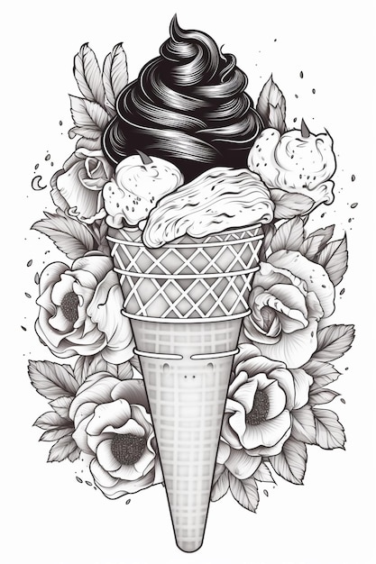 Czarno-biały rysunek stożka z lodem i kwiatami generatywny ai