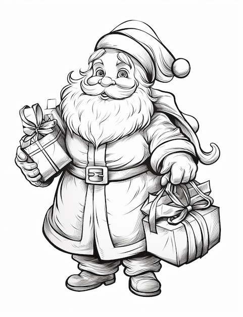 Czarno-biały rysunek Świętego Mikołaja trzymającego sztuczną inteligencję generatywną