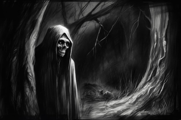 Czarno-biały rysunek szkieletu w płaszczu z kapturem w ciemnym lesie Generative AI
