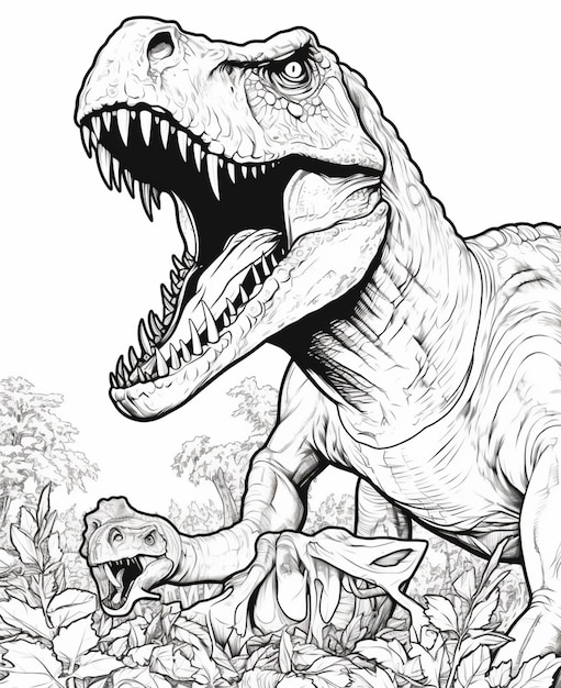 Czarno-biały rysunek T-Rex z otwartymi ustami