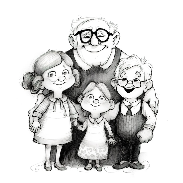 Zdjęcie czarno-biały rysunek trzyosobowej rodziny