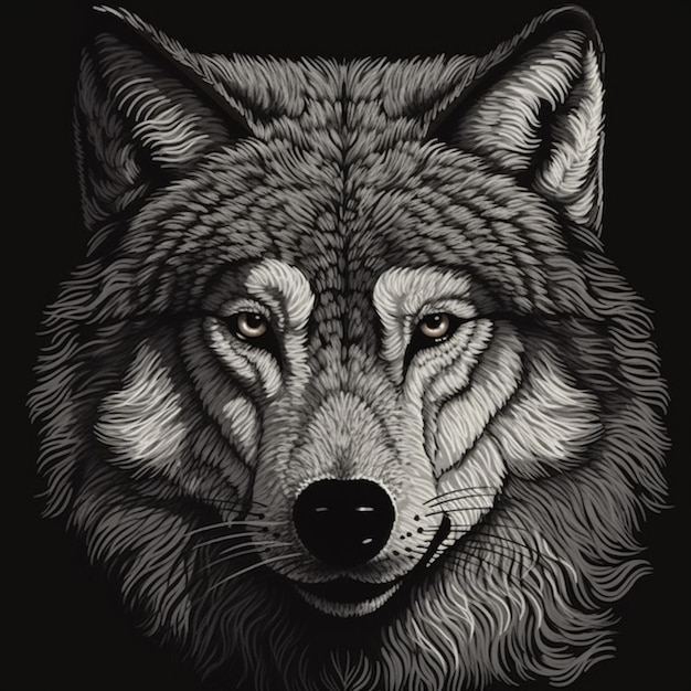 Czarno-biały rysunek twarzy wilka generatywny ai