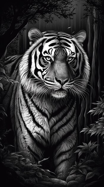 Zdjęcie czarno-biały rysunek tygrysa w lesie generatywnej ai