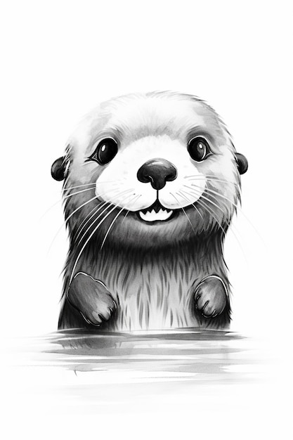 Zdjęcie czarno-biały rysunek uśmiechniętej wydry generatywnej ai