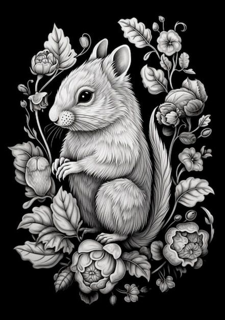 czarno-biały rysunek wiewiórki otoczonej kwiatami generatywnymi ai