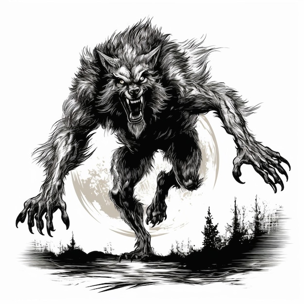 czarno-biały rysunek wilkołaka biegającego w lesie