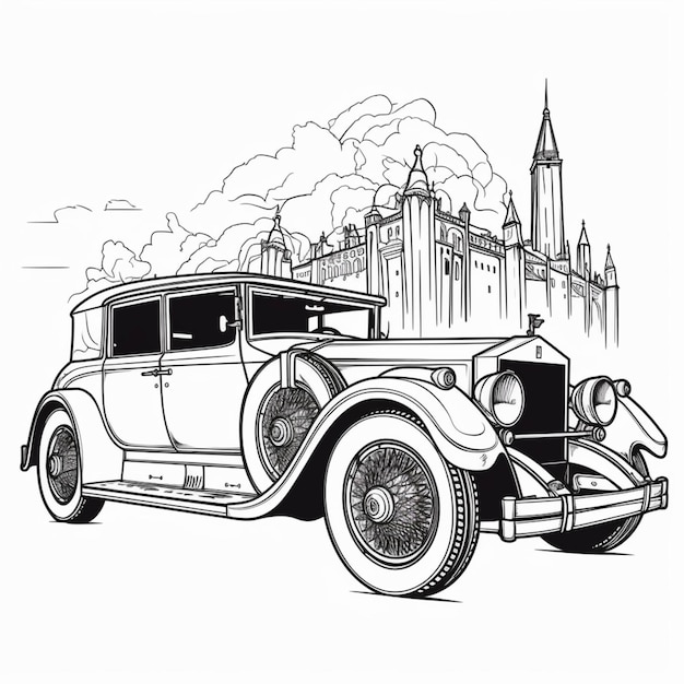 Czarno-biały rysunek zabytkowego samochodu przed generatywną ai miasta