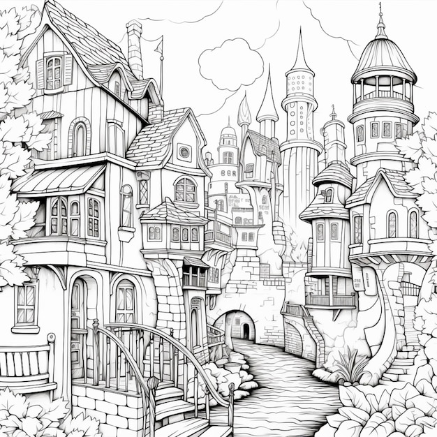 Czarno-biały rysunek zamku z generatywną ai mostu
