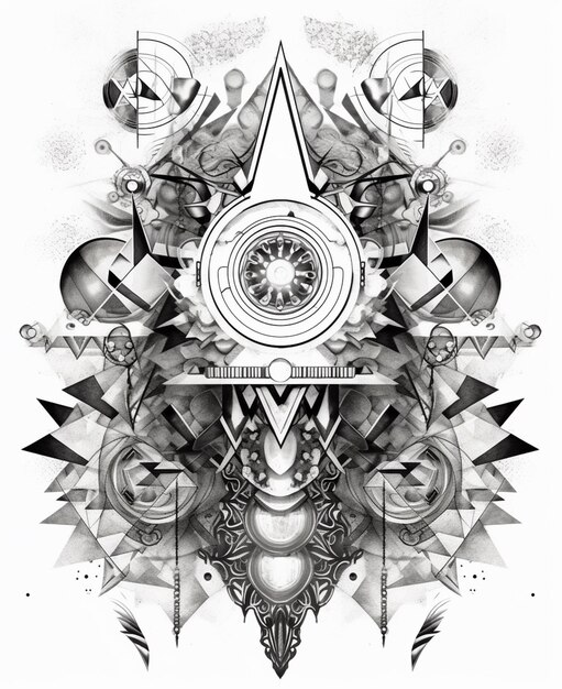 czarno-biały rysunek zegara otoczonego geometrycznymi kształtami generatywny ai