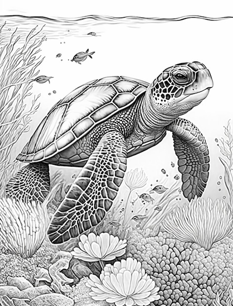czarno-biały rysunek żółwia pływającego w oceanie