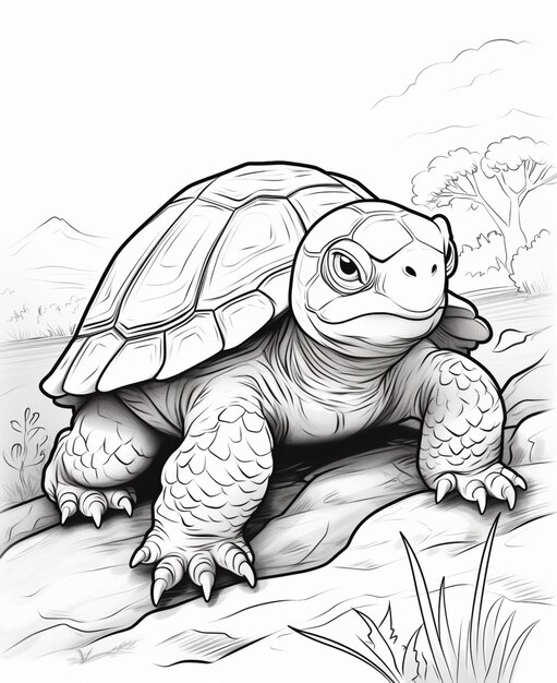 Czarno-biały rysunek żółwia siedzącego na skale generatywny ai