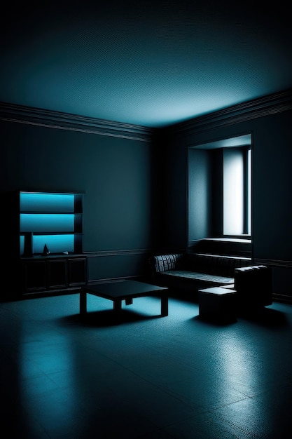 czarno-biały salon z luksusowym niebieskim krzesłem i sofą