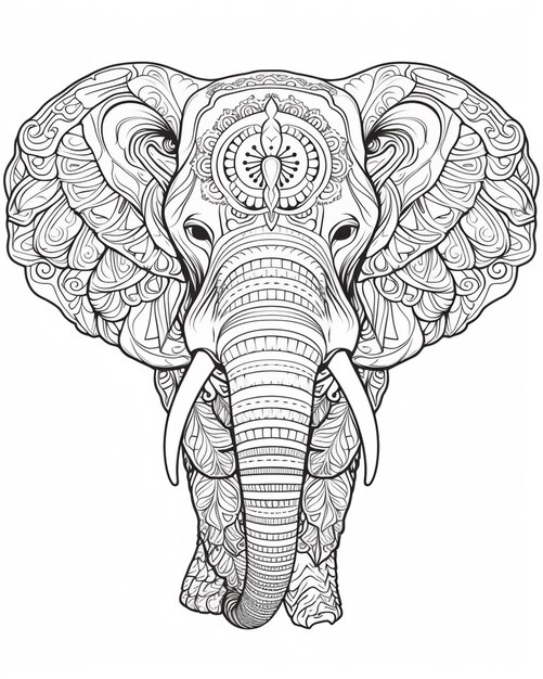 Zdjęcie czarno-biały słoń z skomplikowanymi wzorami na głowie