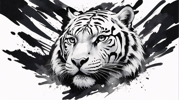 Zdjęcie czarno-biały sumi e ink style ilustracja biały tygrys tradycyjny malarstwo