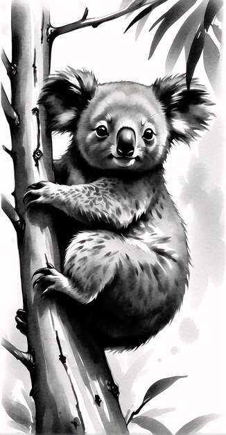 Zdjęcie czarno-biały sumi e ink style ilustracja koala tradycyjny malarstwo