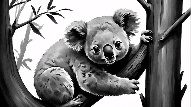 Zdjęcie czarno-biały sumi e ink style ilustracja koala tradycyjny malarstwo