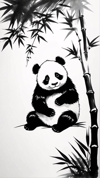 Czarno-biały Sumi E Ink Style Ilustracja Panda Tradycyjny Malarstwo