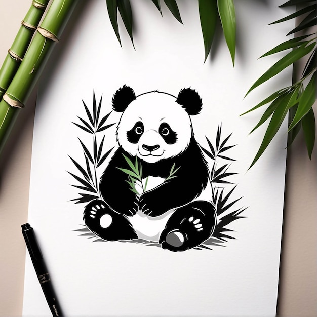 Zdjęcie czarno-biały sumi e ink style ilustracja panda tradycyjny malarstwo