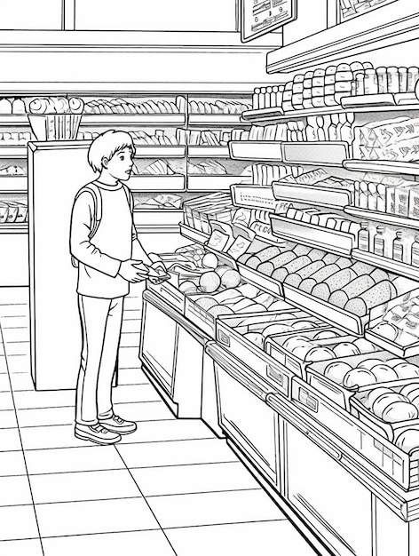Zdjęcie czarno-biały szkic kreskówki sklepu spożywczego
