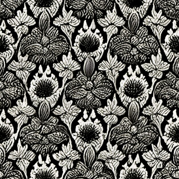 czarno-biały wzór kwiatowy z czarnym tłem generatywny ai