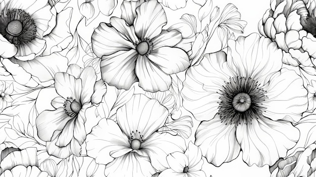 Czarno-biały wzór kwiatowy z kwiatami Ilustracja sztuki liniowej Wzorzec kwiatowy do zaproszeń tapet prezentów i innych mediów drukowanych