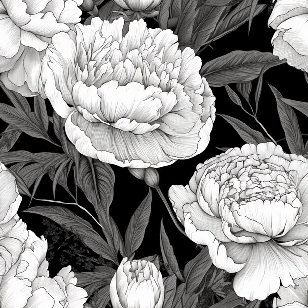 Czarno-biały wzór kwiatowy z pioniami i liśćmi generatywnymi