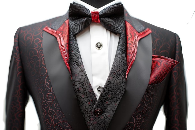 Czarno-czerwony smoking z czerwoną kravatką