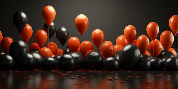Zdjęcie czarno-pomarańczowe balony i pudełka z prezentami na tle generowane przez sztuczną inteligencję
