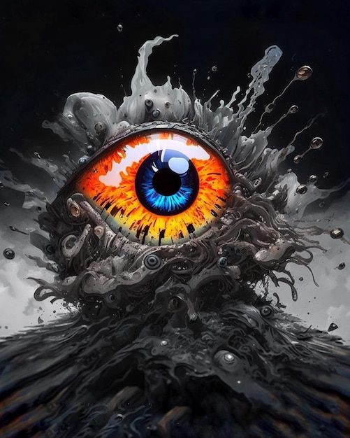 Zdjęcie czarno-pomarańczowe oko z czarnym tłem i odrobiną płynu.