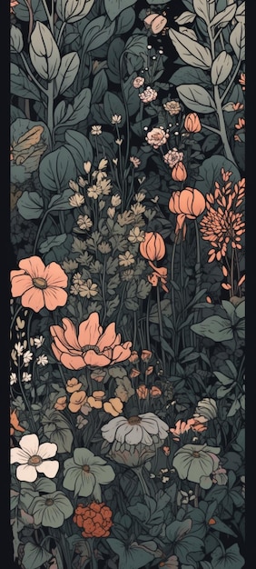 Czarno-pomarańczowy plakat z kwiatami i zielonym tłem.
