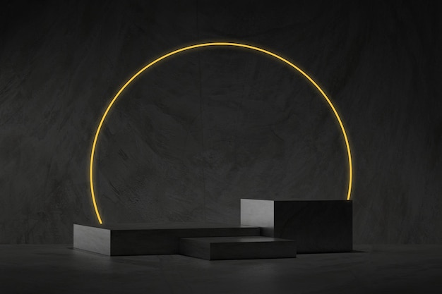 Czarno-złota geometryczna platforma schodów z cieniem i oświetleniem Abstrakcyjny pokój studyjny 3D z podium na cokole Luksusowa minimalna scena do demonstracji produktów kosmetycznych Renderowanie 3D