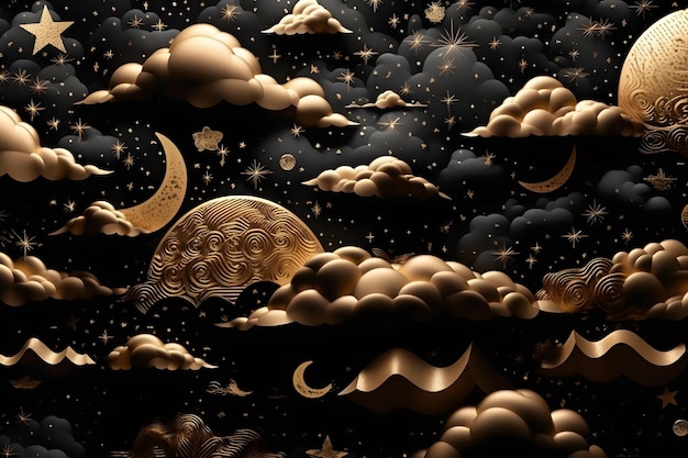 Czarno-złota ilustracja nocnego nieba z księżycem i chmurami Wygenerowana sztuczna inteligencja sieci neuronowej