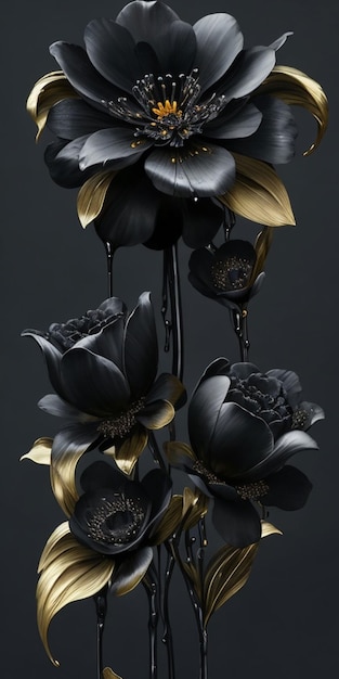 Czarno-złota kompozycja kwiatowa ze złotymi kwiatami.