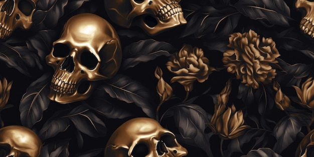 Czarno-złota tapeta w kwiaty przedstawiająca czarne róże i złotą czaszkę