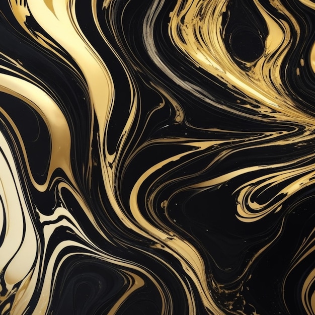 Czarno-złote płytki z płynnego marmuru abstrakcyjne tło ze złotymi liniami i plamami farby