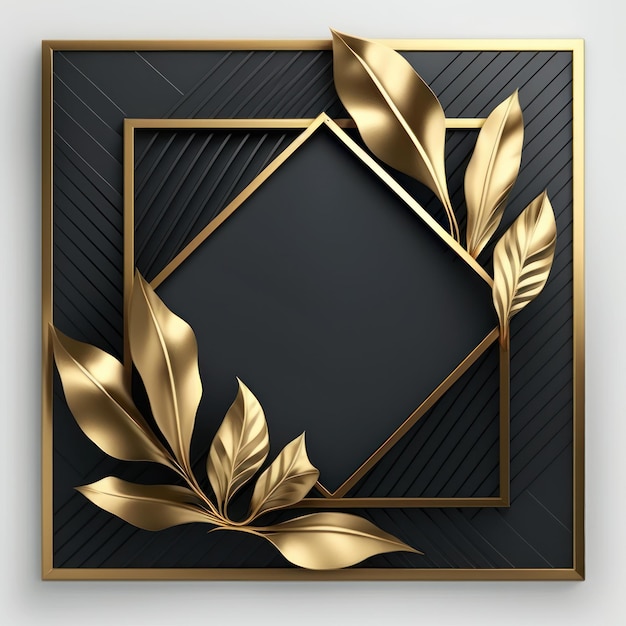 Czarno-złoty kwadrat ze złotymi listkami i ramką.
