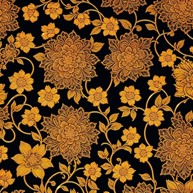 Czarno-złoty kwiatowy wzór z żółtym kwiatem na dole.