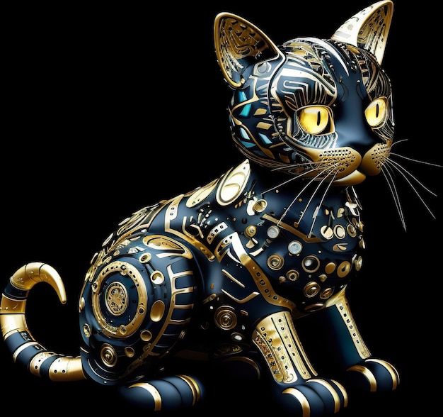 Czarno-złoty posąg kota na czarnym tle Generatywny obraz AI