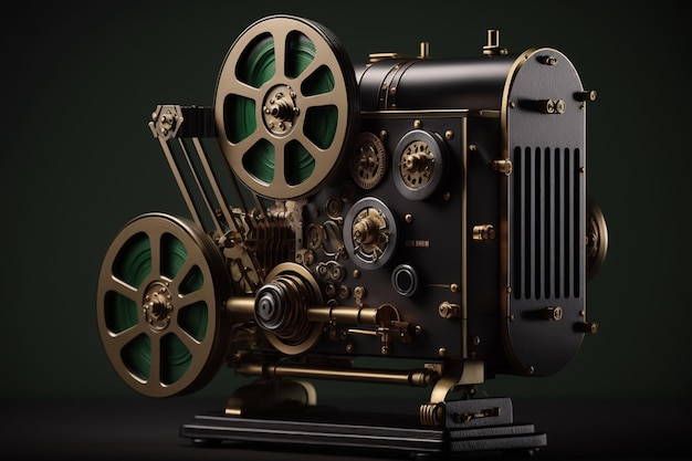 Czarno-złoty projektor filmowy z dużą szpulą z przodu.