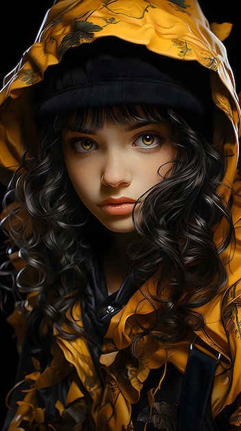 Czarno-żółty Chibi i prawdziwy styl arcydzieło realistyczna fotografia kolorowe szczegóły tła