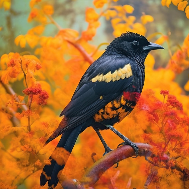 czarno-żółty ptak siedzi na gałęzi z kwiatami