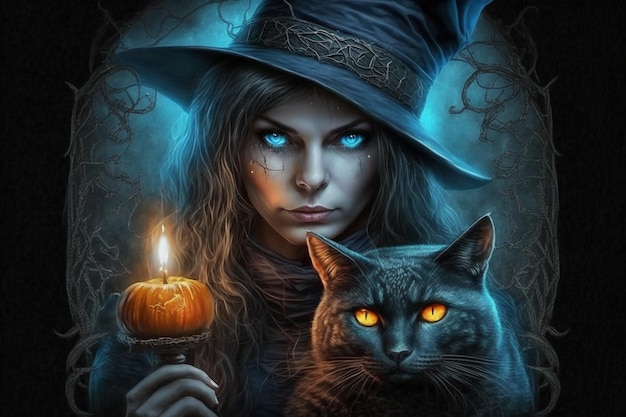 Zdjęcie czarnoksiężnica z czarnym kotem ilustracja halloween czarnosiężnica w kapeluszu tajemnicza kobieta