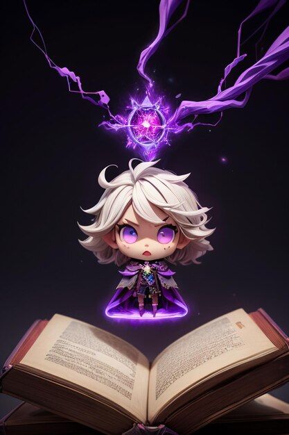 Czarnoksiężnik w fioletowym szlafroku stoi na magicznej książce i rzuca magiczne chłodne tapety na tle