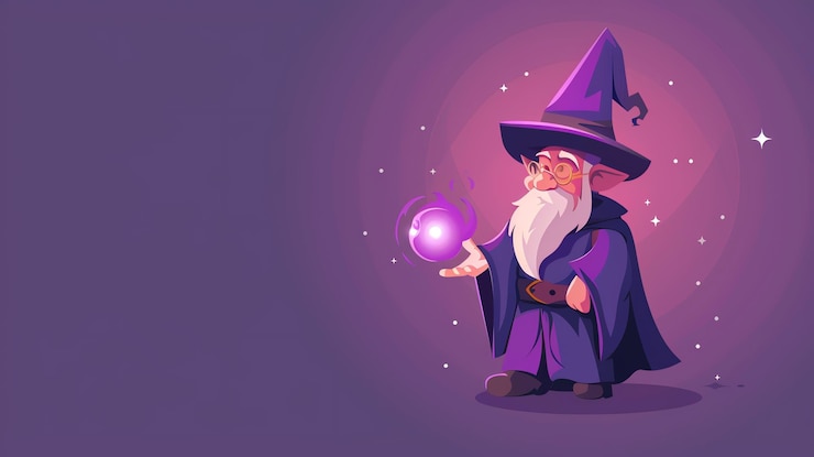 Zdjęcie czarnoksiężnik z kreskówek w fioletowym szlafroku trzymający magiczną kulę z fioletowym blaskiem